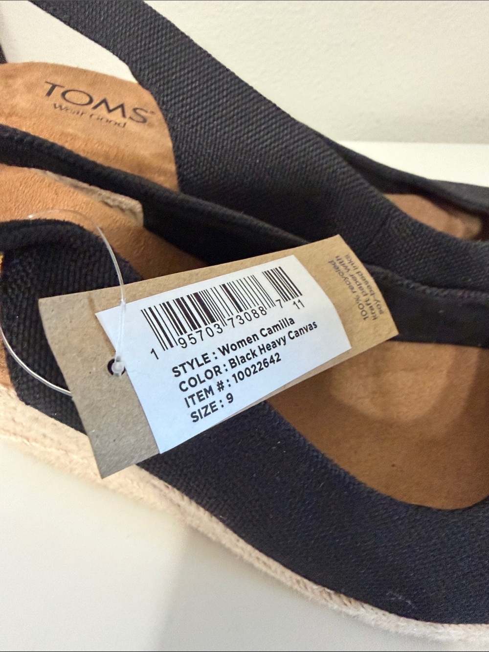 TOMS Black Canvas Peep-Toe Espadrille Wedges - Picture 2 of 5